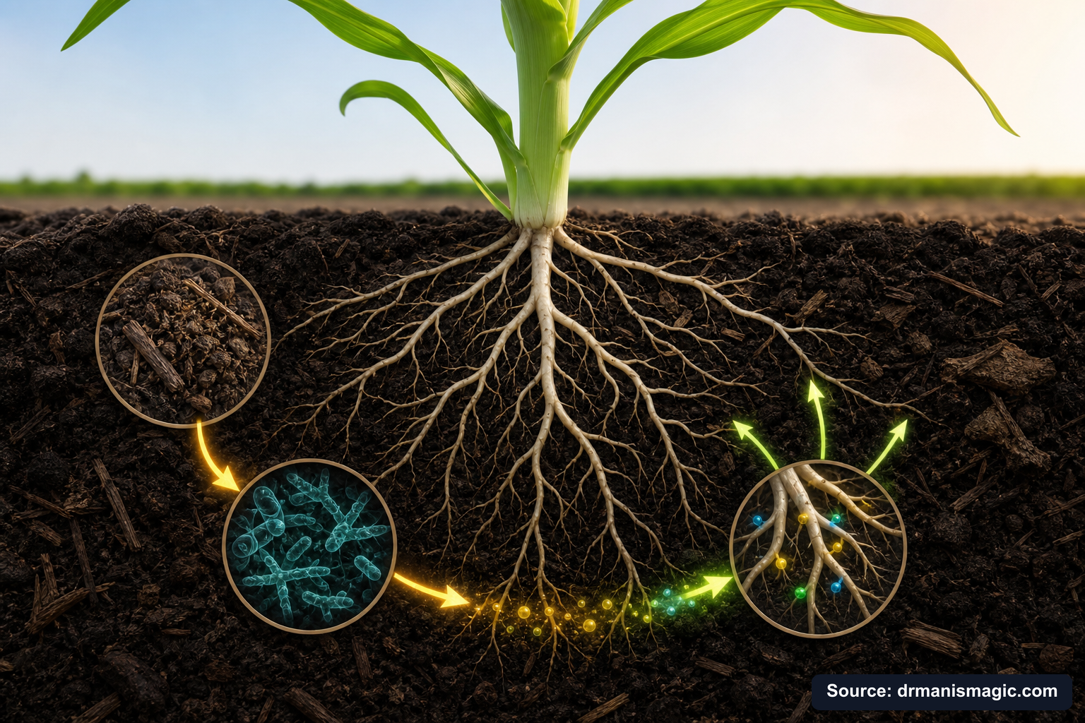 Scientific diagram of the soil nutrient cycle around plant roots