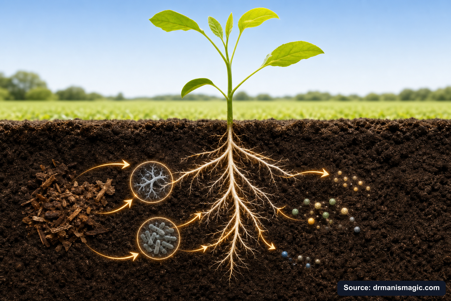 Scientific diagram of the soil nutrient cycle around plant roots