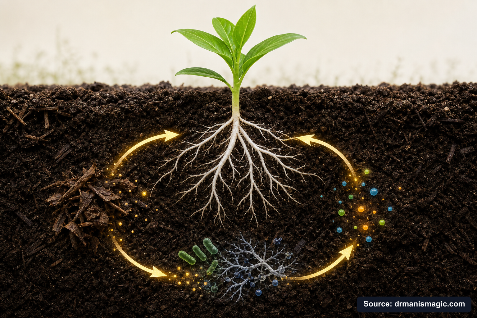 Scientific diagram of the soil nutrient cycle around plant roots