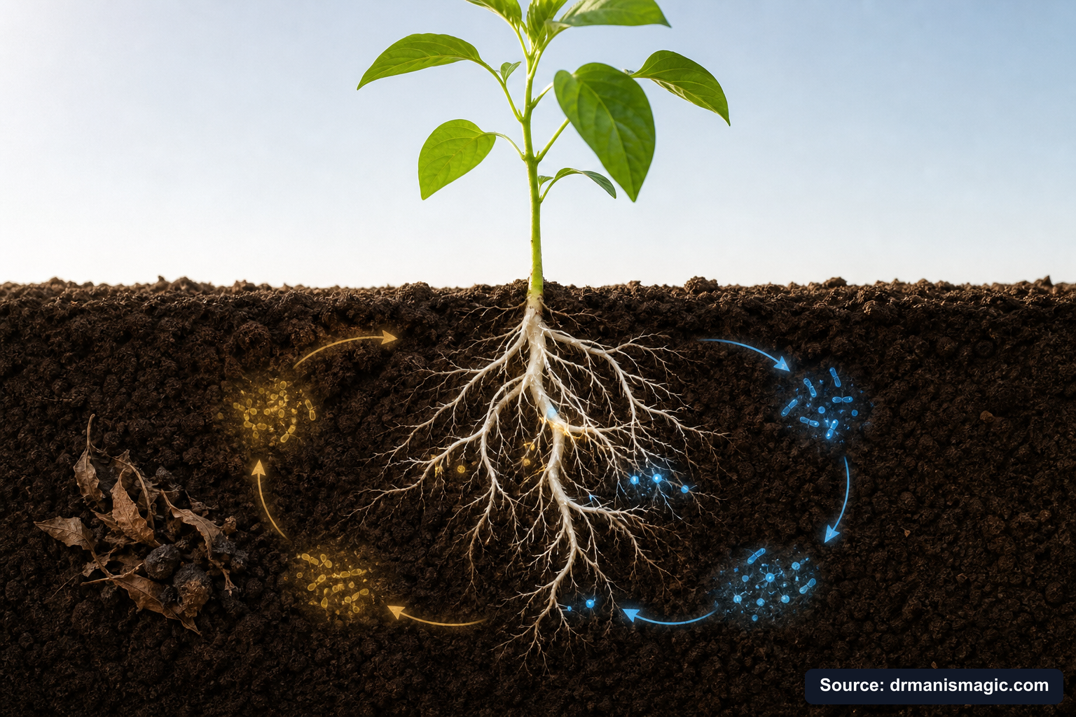 Scientific diagram of the soil nutrient cycle around plant roots
