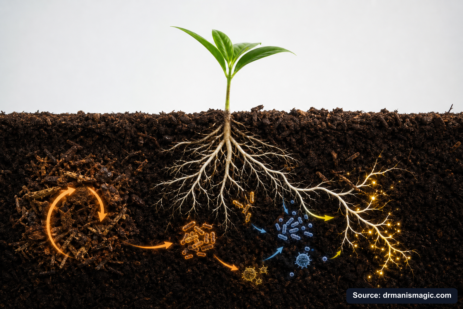 Scientific diagram of the soil nutrient cycle around plant roots