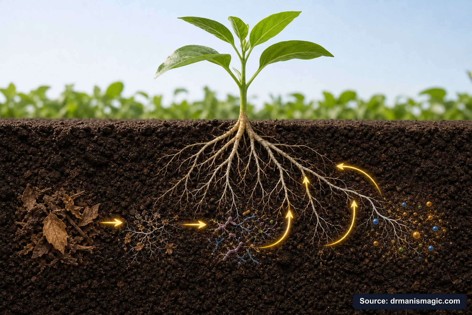 Scientific diagram of the soil nutrient cycle around plant roots
