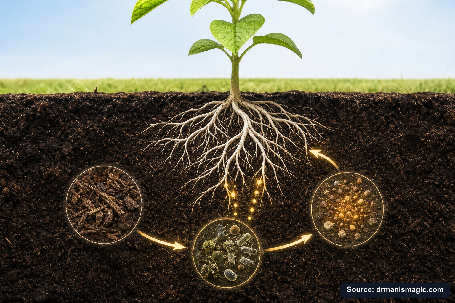 Scientific diagram of the soil nutrient cycle around plant roots