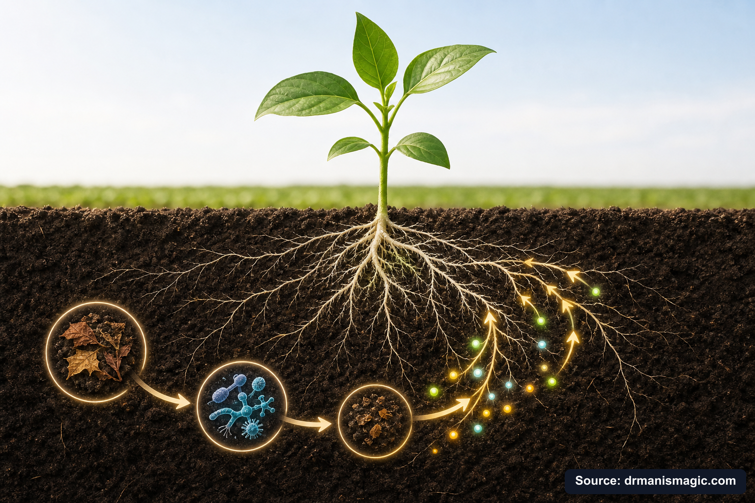 Scientific diagram of the soil nutrient cycle around plant roots