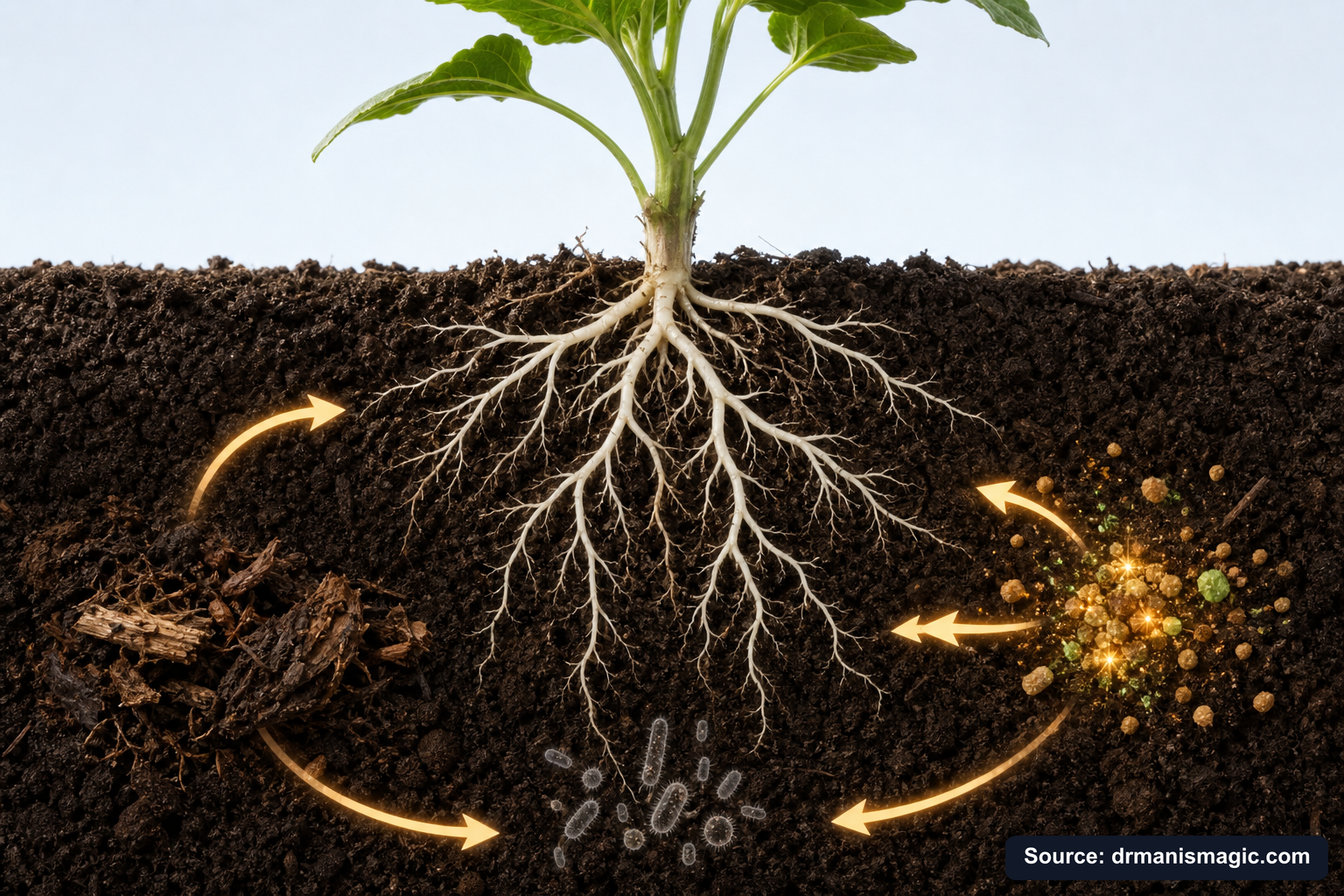 Scientific diagram of the soil nutrient cycle around plant roots