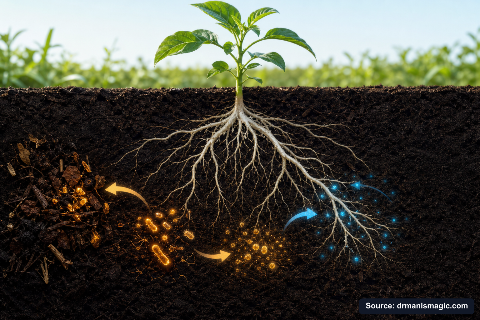 Scientific diagram of the soil nutrient cycle around plant roots