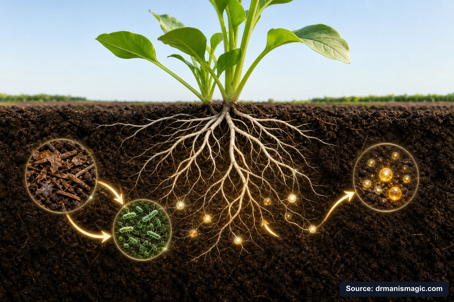 Scientific diagram of the soil nutrient cycle around plant roots