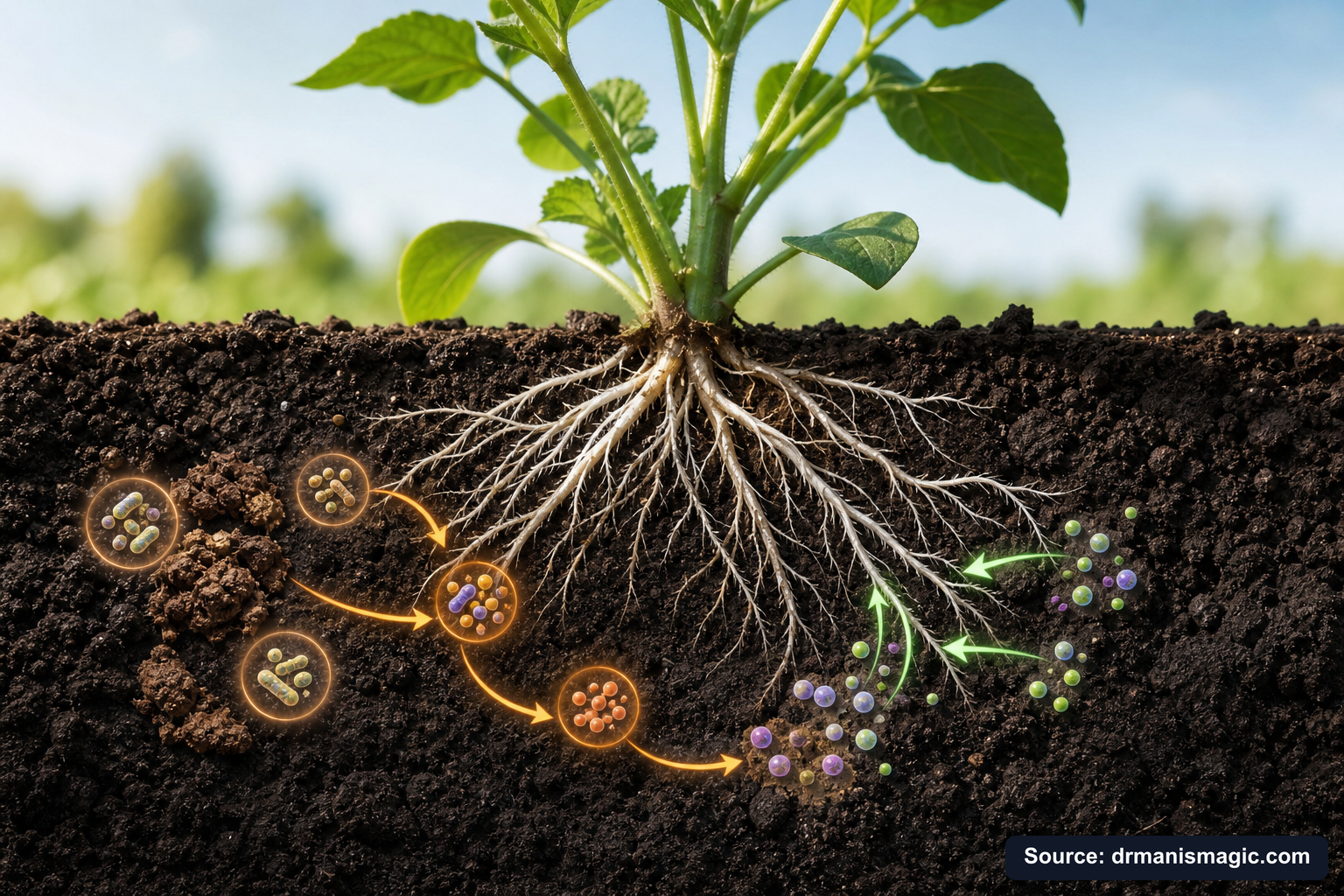Scientific diagram of the soil nutrient cycle around plant roots