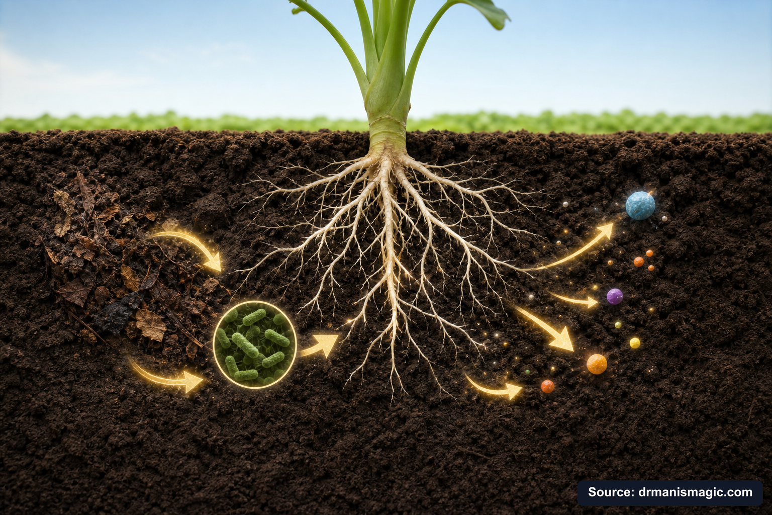 Scientific diagram of the soil nutrient cycle around plant roots
