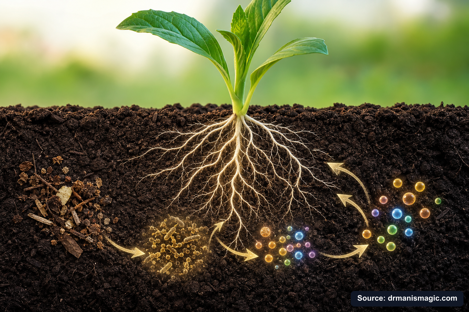 Scientific diagram of the soil nutrient cycle around plant roots