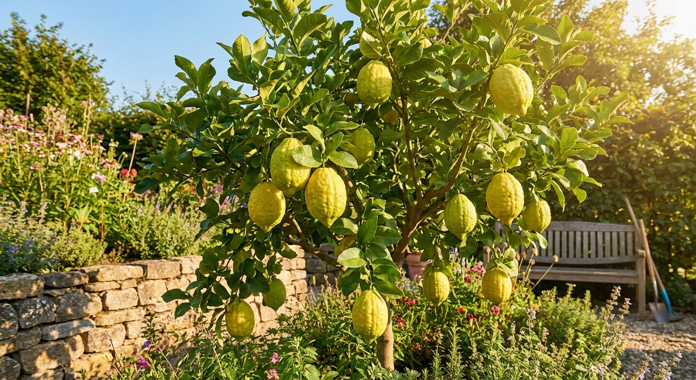 Etrog Citron Tree growing in a backyard garden with ripe etrog citron fruit