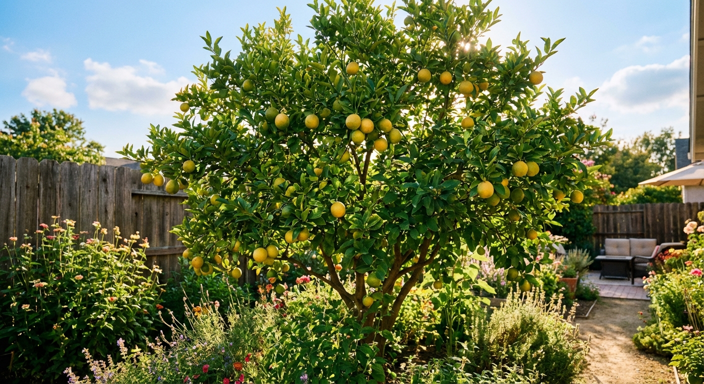 Eustis Limequat Tree growing in a backyard garden with ripe eustis limequat fruit