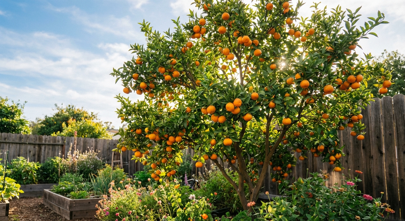 Frost Owari Satsuma Tree growing in a backyard garden with ripe frost owari satsuma fruit