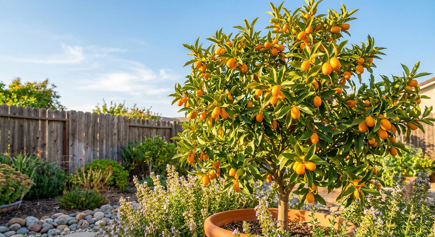 Fukushu Kumquat Tree growing in a backyard garden with ripe fukushu kumquat fruit