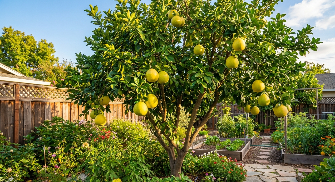 Hirado Buntan Pomelo Tree growing in a backyard garden with ripe hirado buntan pomelo fruit