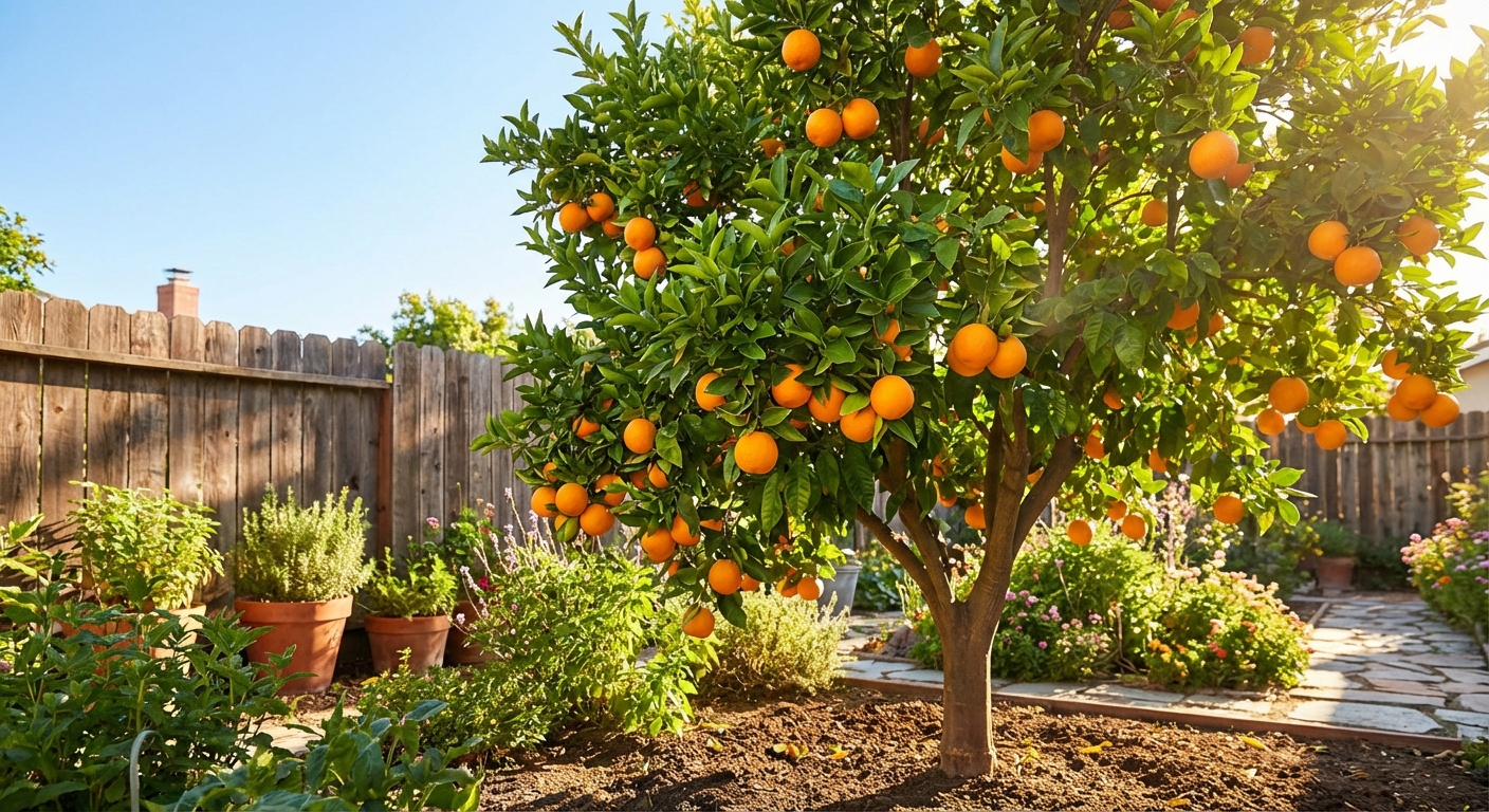 Marrs Orange Tree growing in a backyard garden with ripe marrs orange fruit