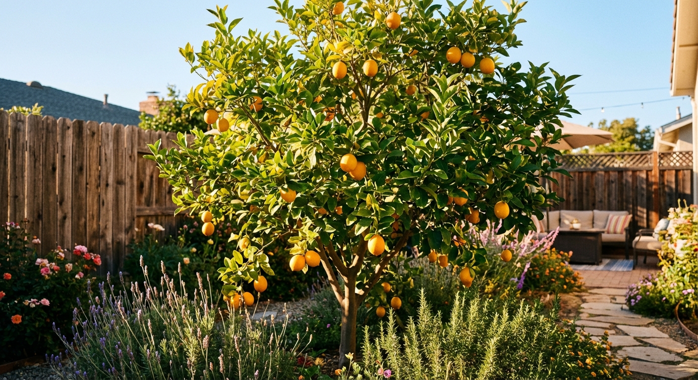 Meyer Lemon Tree growing in a backyard garden with ripe meyer lemon fruit