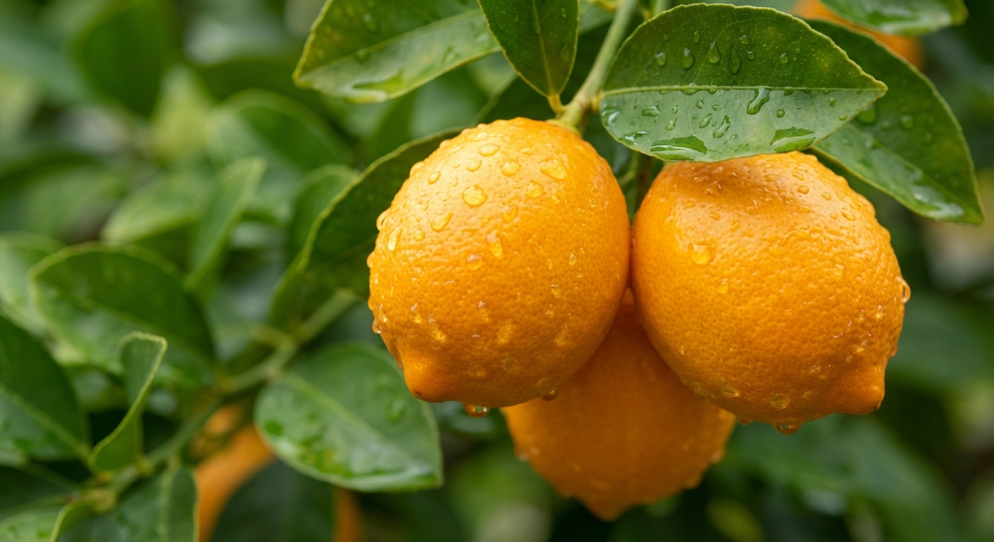 Fresh Meyer Lemon fruit close-up on branch showing ripe meyer lemon