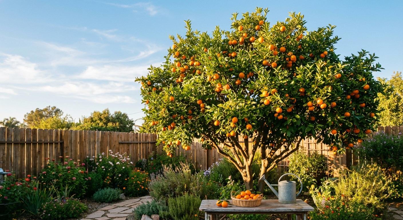 Murcott (Afourer) Mandarin Tree growing in a backyard garden with ripe murcott (afourer) mandarin fruit