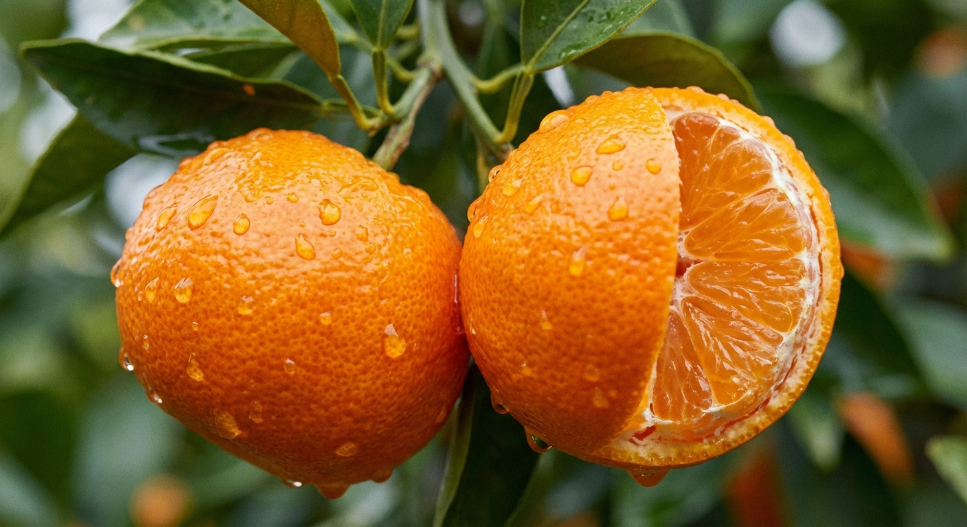 Fresh Murcott (Afourer) Mandarin fruit close-up on branch showing ripe murcott (afourer) mandarin
