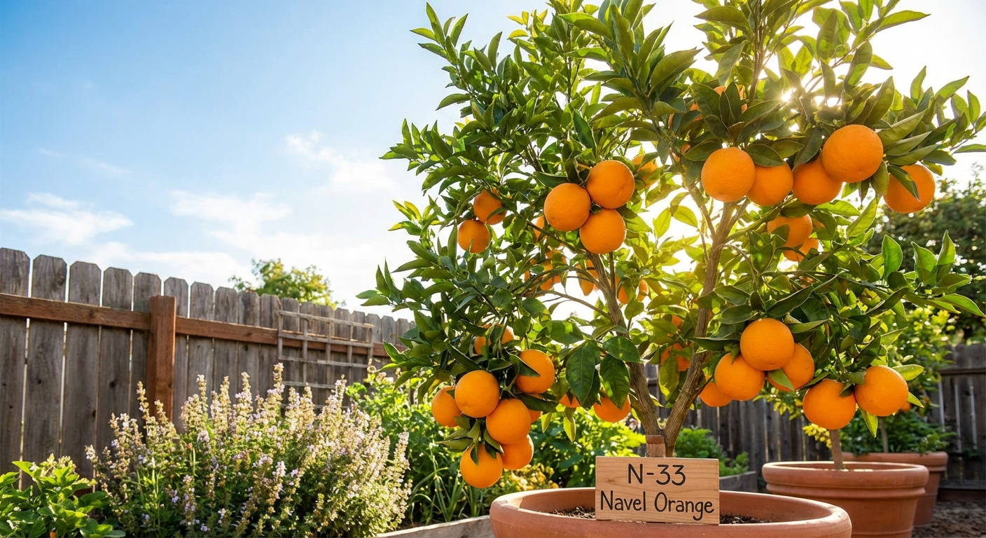 N-33 Navel Orange Tree growing in a backyard garden with ripe n-33 navel orange fruit