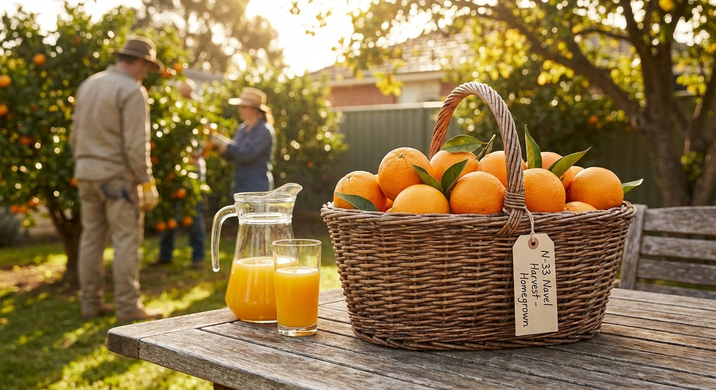 Bountiful harvest of N-33 Navel Orange fruit in a basket