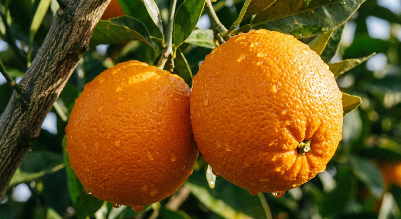 Fresh N-33 Navel Orange fruit close-up on branch showing ripe n-33 navel orange
