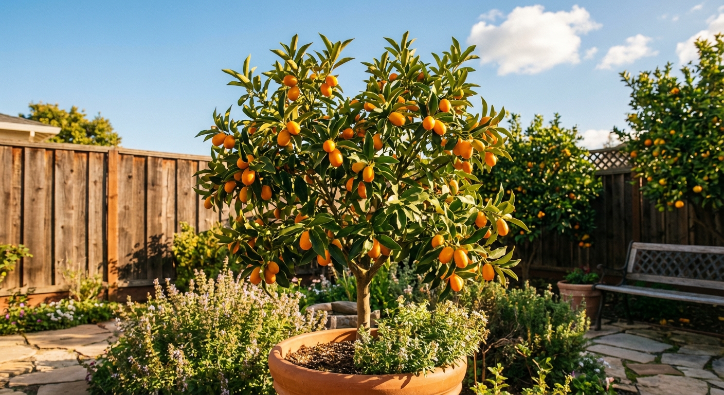 Nagami Kumquat Tree growing in a backyard garden with ripe nagami kumquat fruit