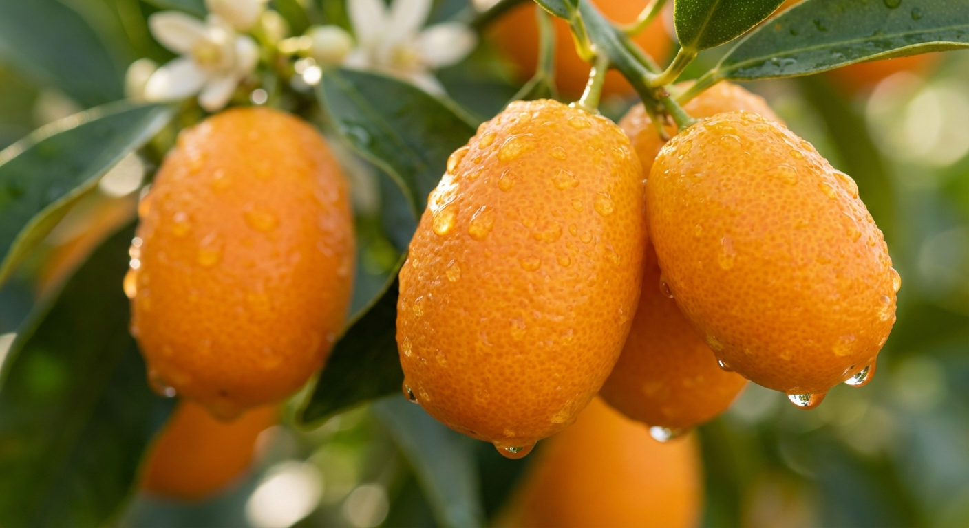 Fresh Nagami Kumquat fruit close-up on branch showing ripe nagami kumquat