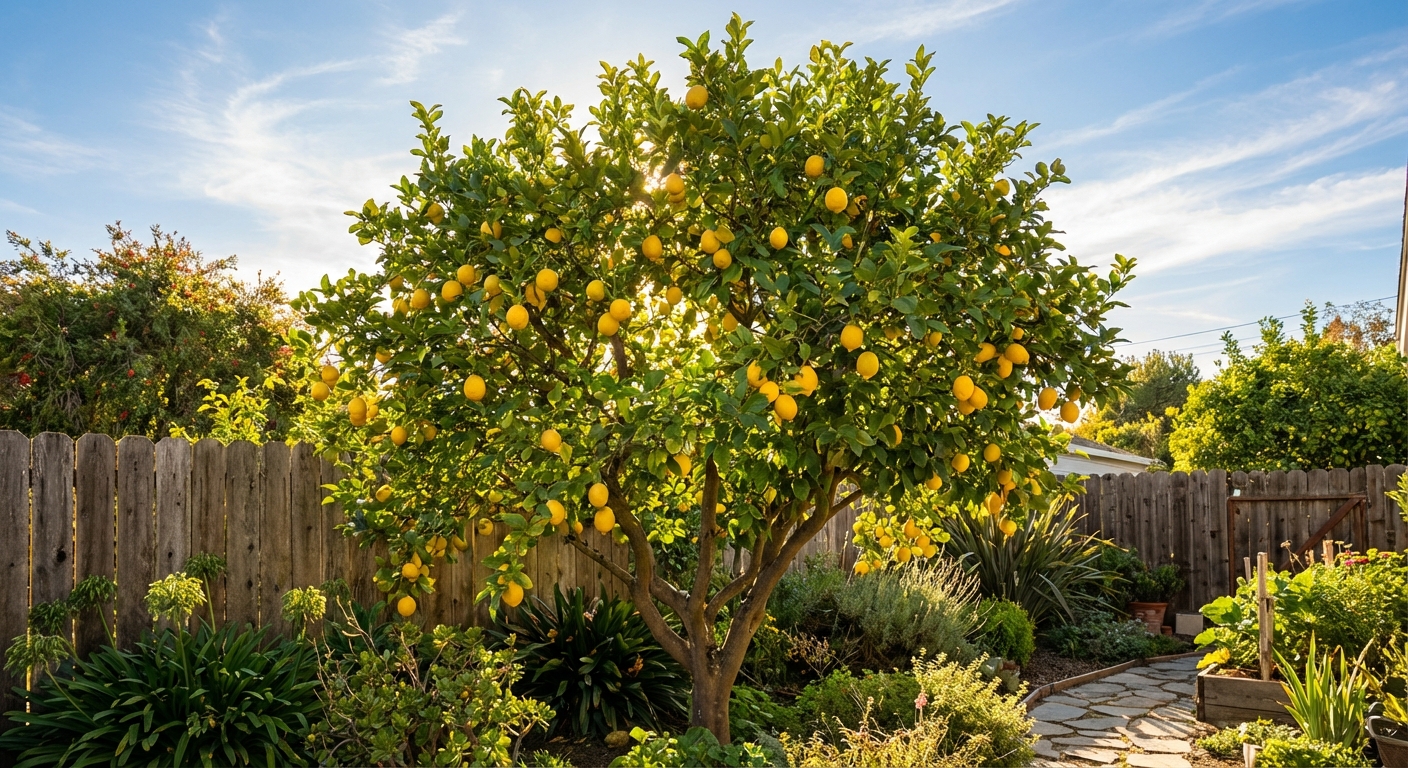 New Zealand Lemonade Tree growing in a backyard garden with ripe new zealand lemonade fruit