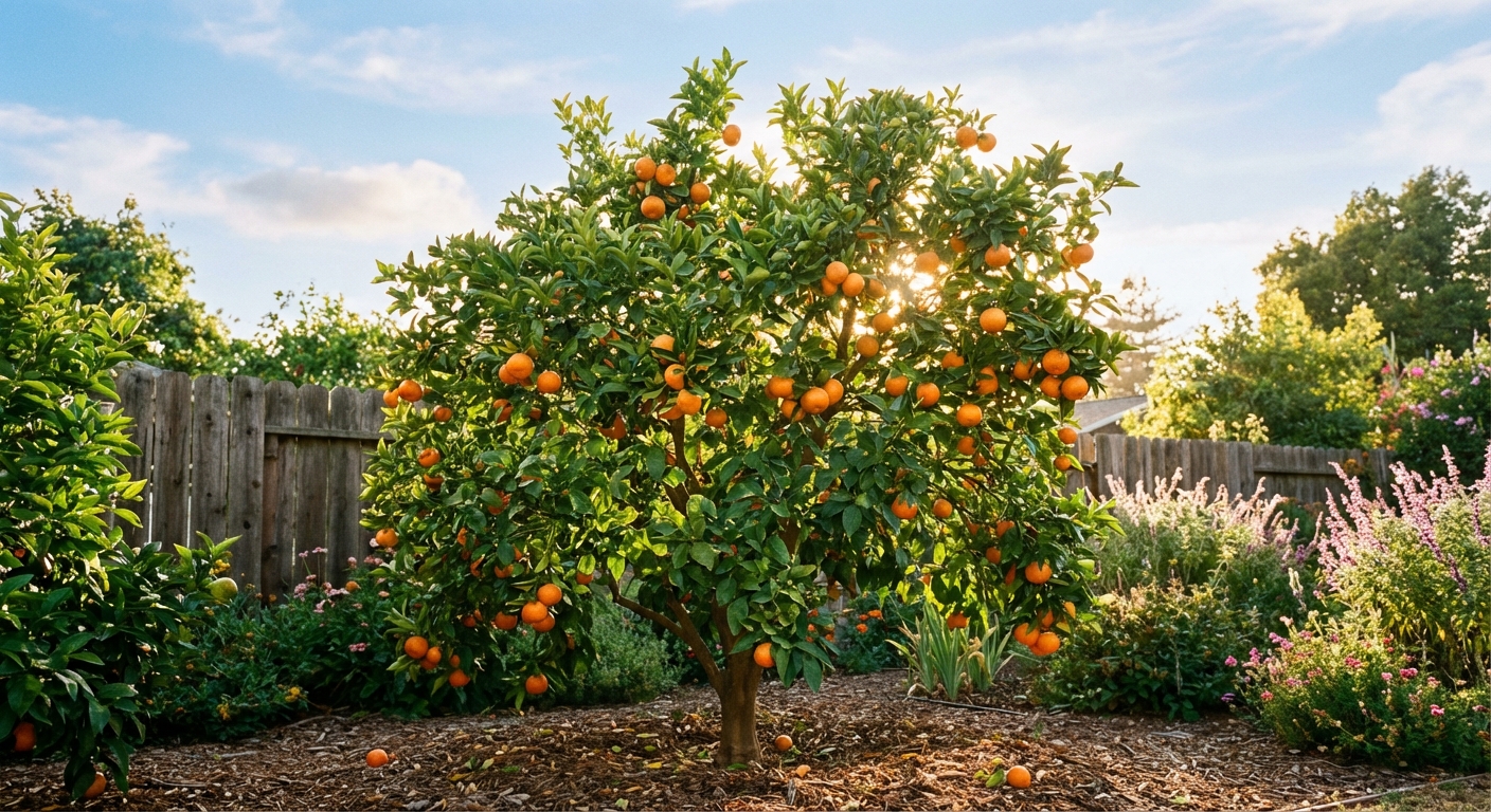 Page Mandarin Tree growing in a backyard garden with ripe page mandarin fruit