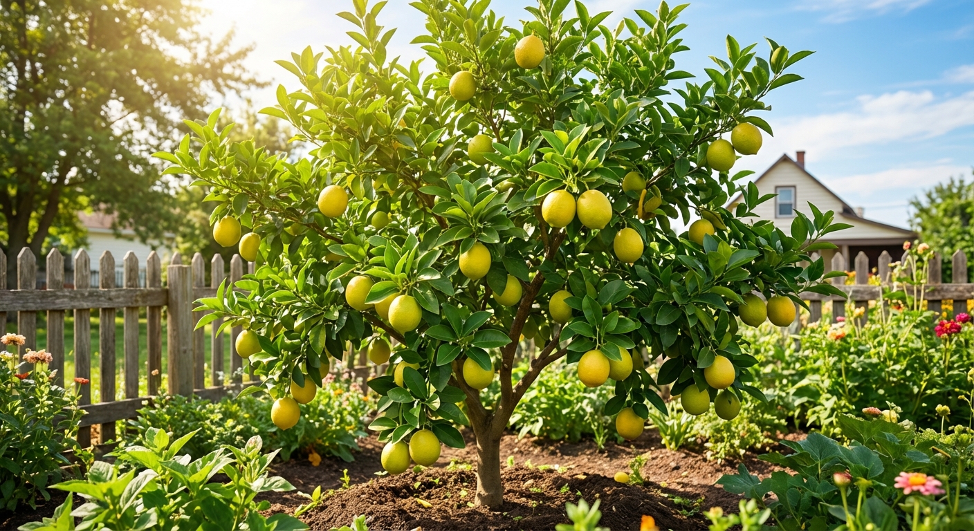 Palestine Sweet Lime Tree growing in a backyard garden with ripe palestine sweet lime fruit