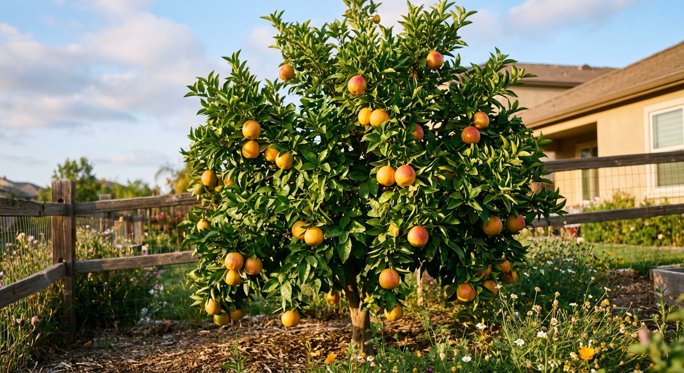 Pineapple Orange Tree growing in a backyard garden with ripe pineapple orange fruit