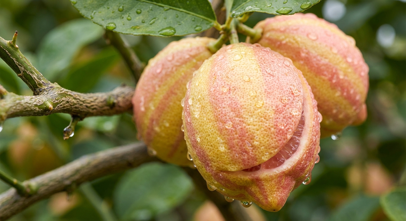 Fresh Pink Variegated Lemon fruit close-up on branch showing ripe pink variegated lemon