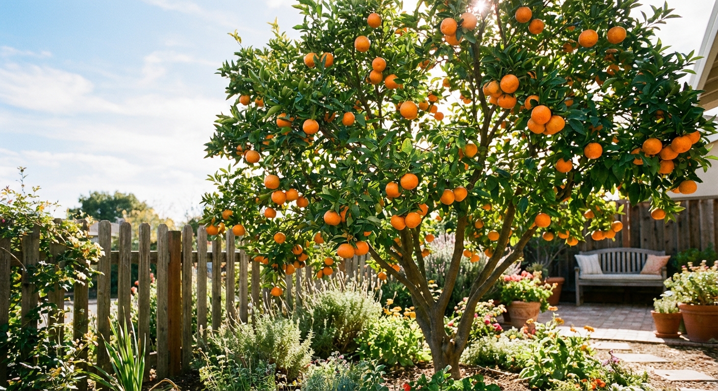 Ponkan Mandarin Tree growing in a backyard garden with ripe ponkan mandarin fruit