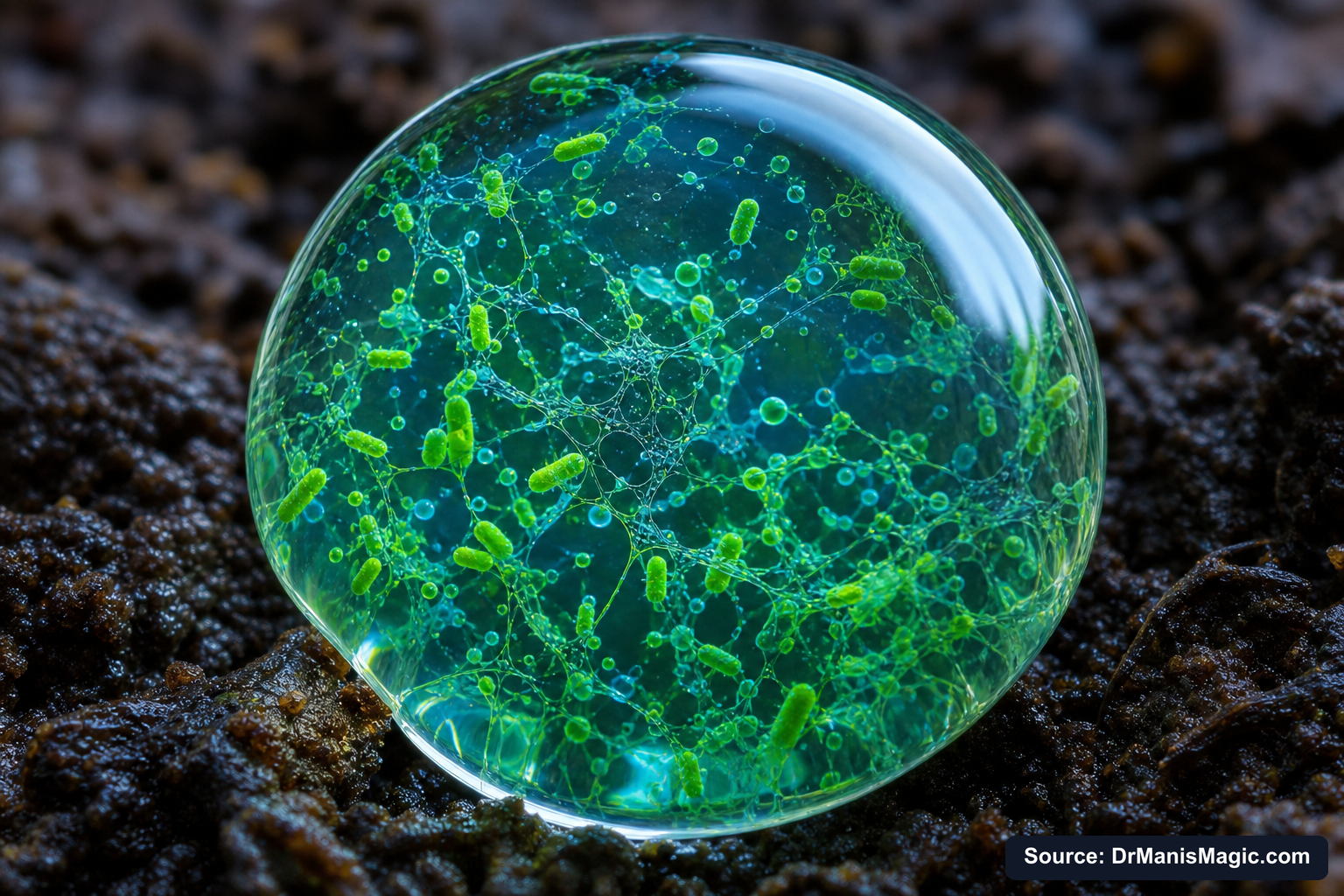 Close-up of live beneficial soil microbes and mycorrhizae fungi