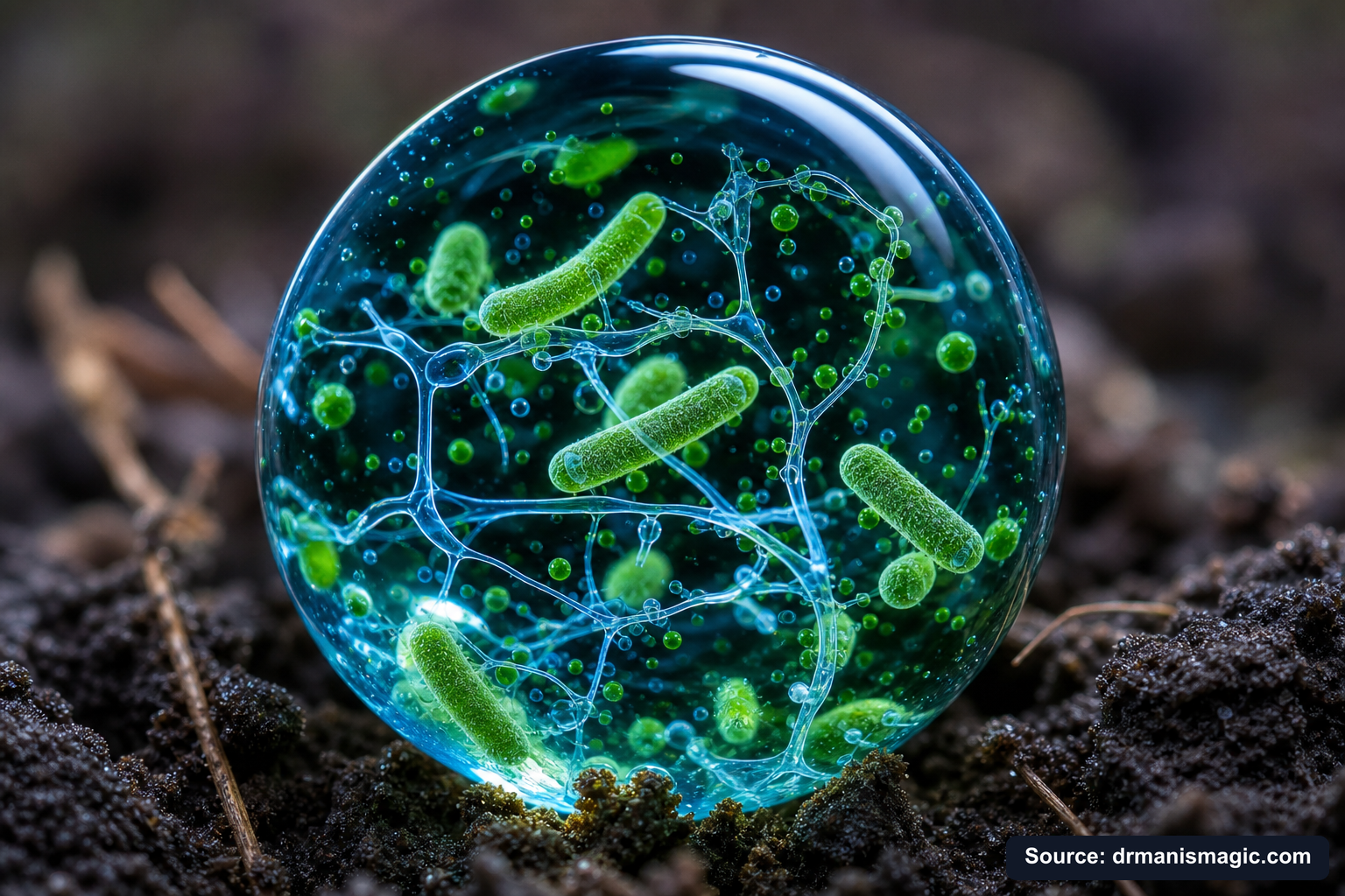 Close-up of live beneficial soil microbes and mycorrhizae fungi