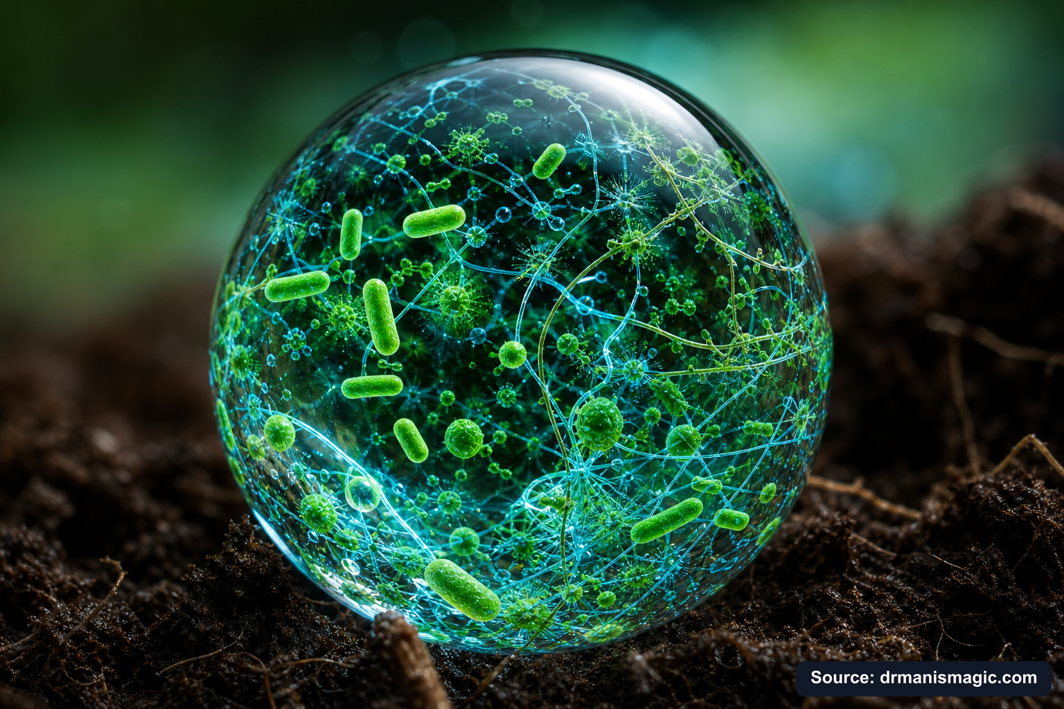 Close-up of live beneficial soil microbes and mycorrhizae fungi
