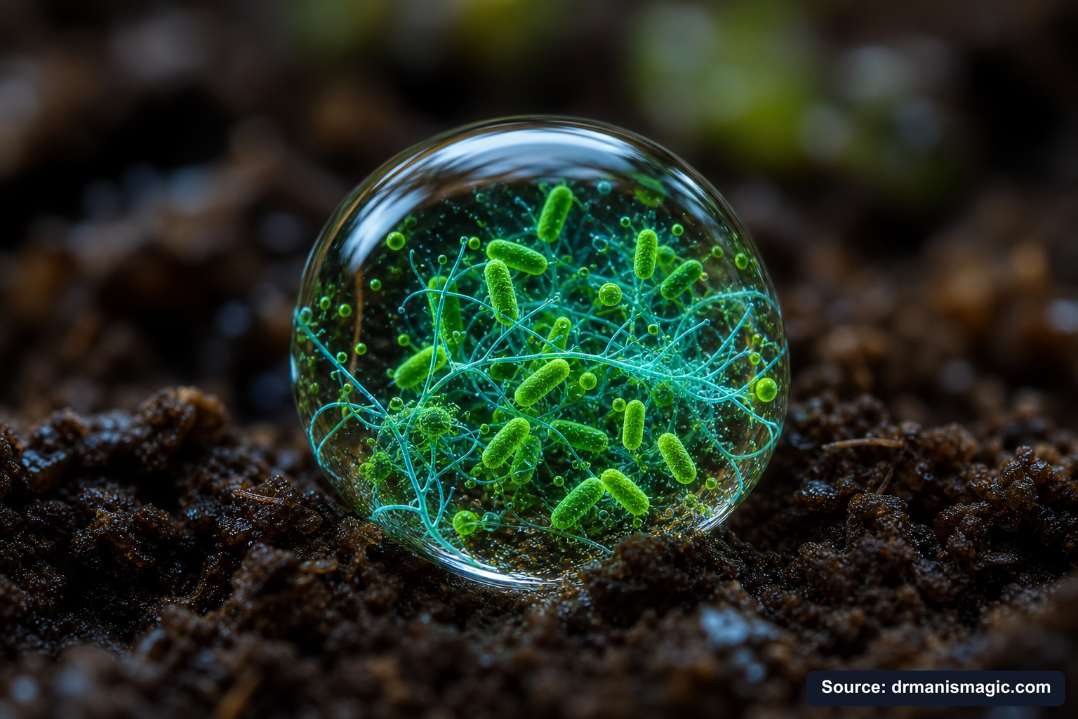 Close-up of live beneficial soil microbes and mycorrhizae fungi