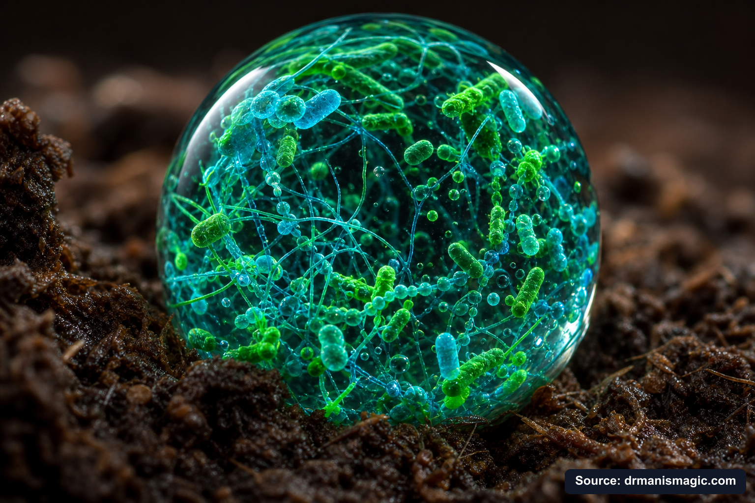 Close-up of live beneficial soil microbes and mycorrhizae fungi