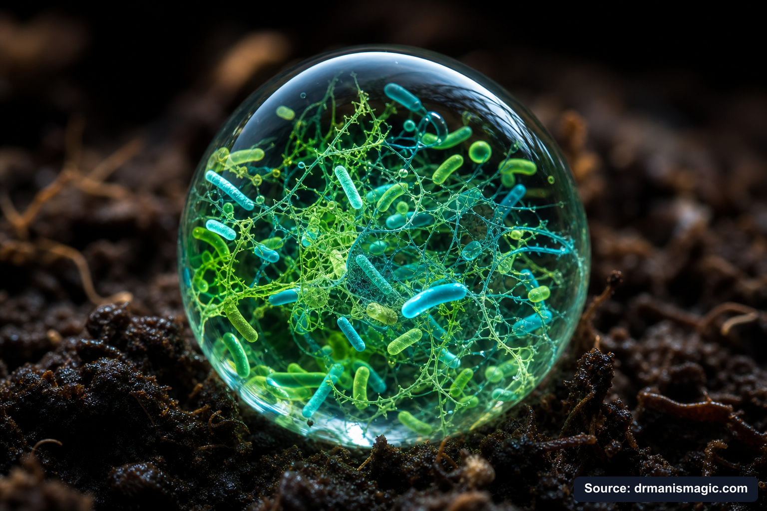 Close-up of live beneficial soil microbes and mycorrhizae fungi