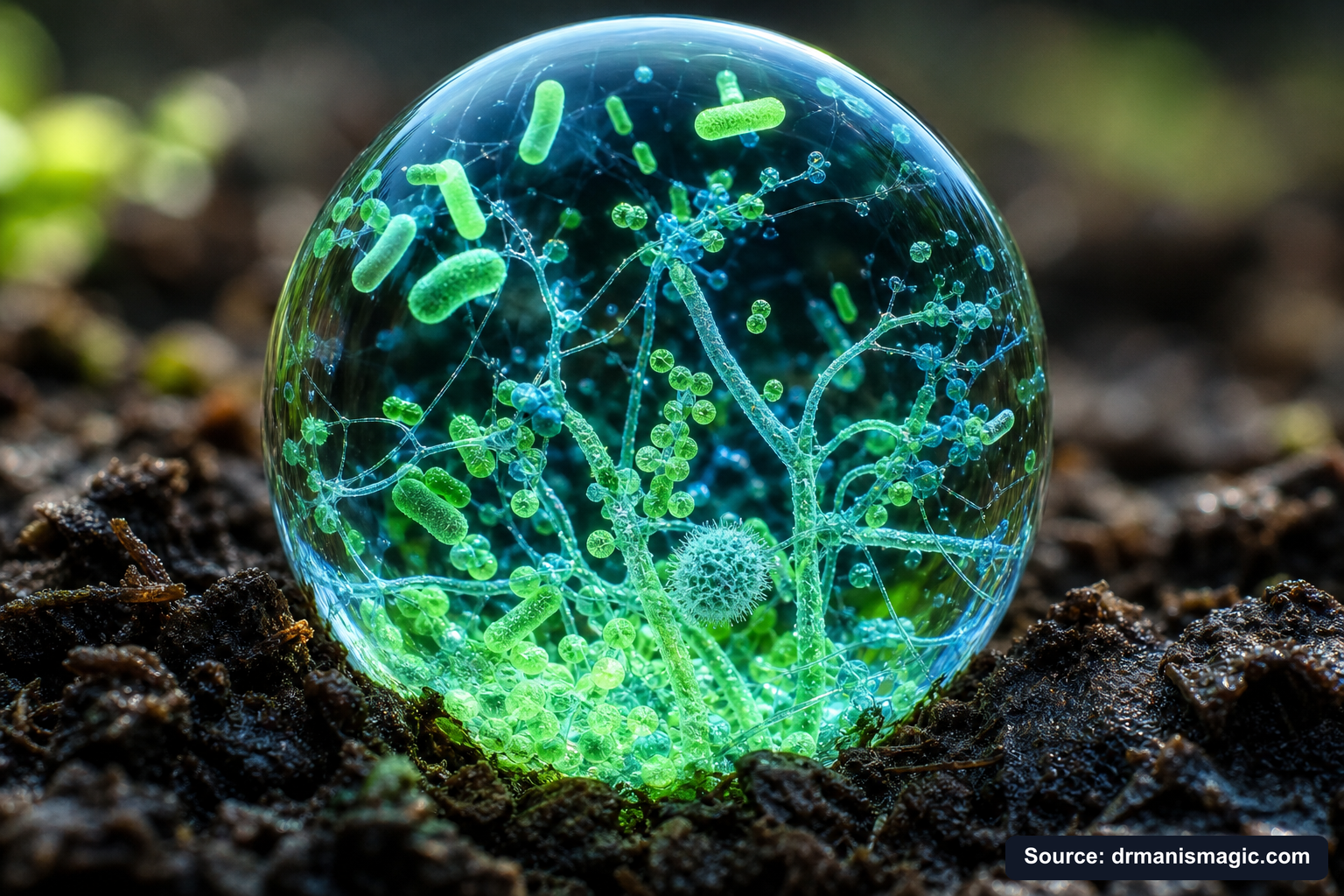 Close-up of live beneficial soil microbes and mycorrhizae fungi