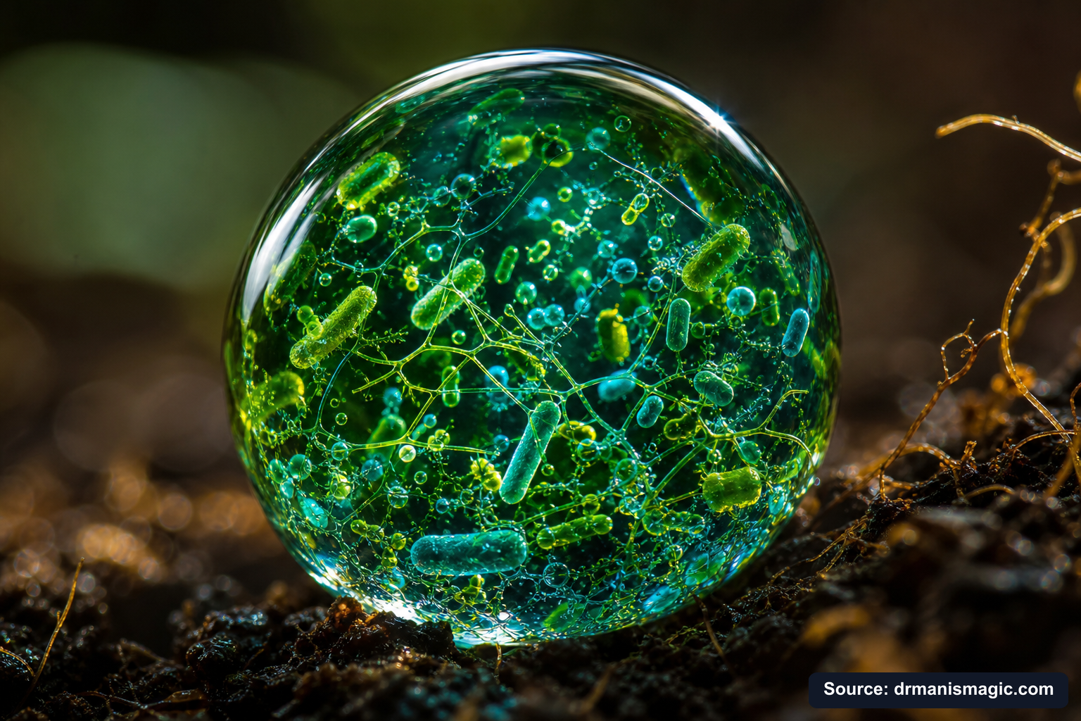 Close-up of live beneficial soil microbes and mycorrhizae fungi