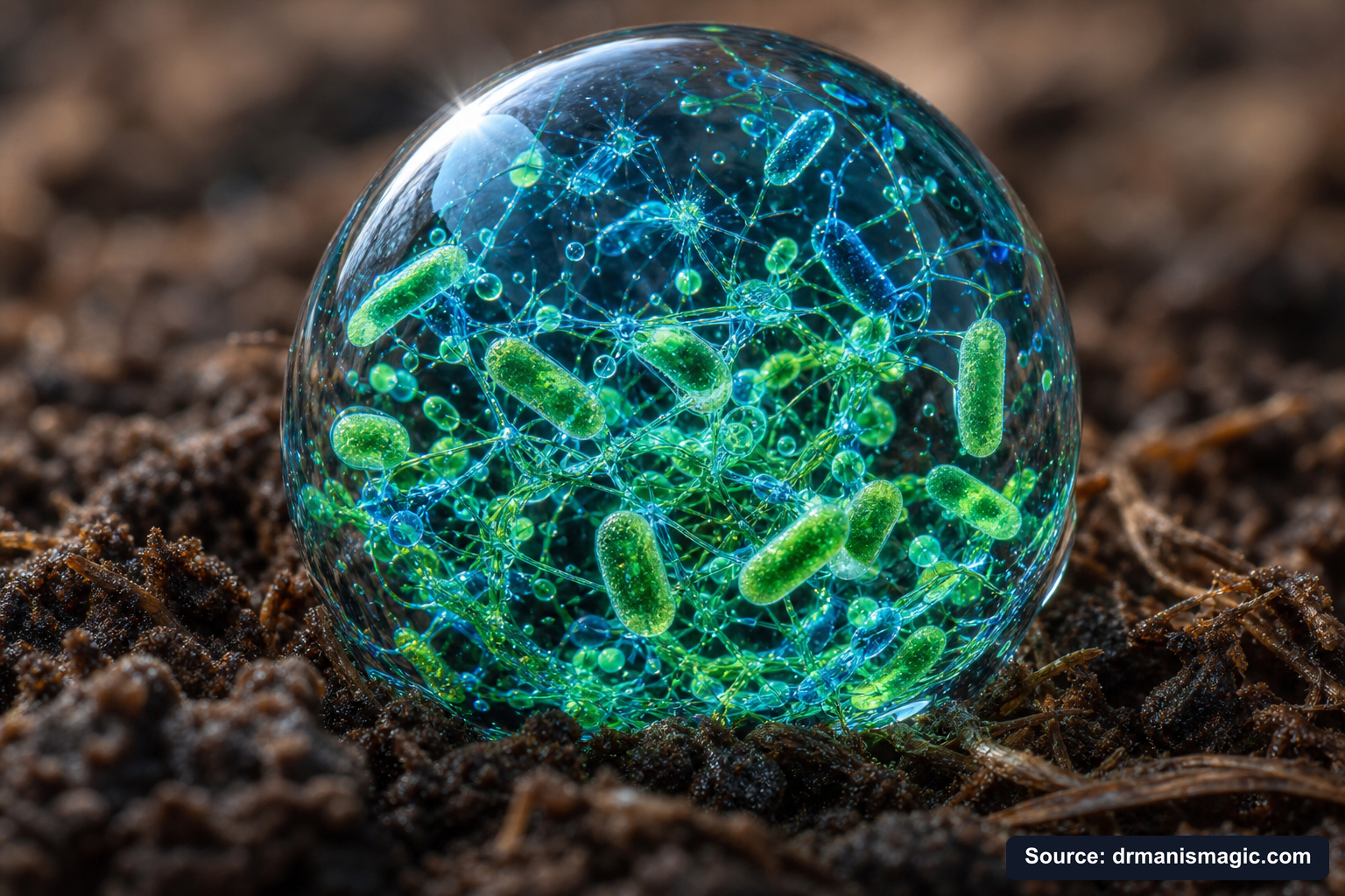 Close-up of live beneficial soil microbes and mycorrhizae fungi
