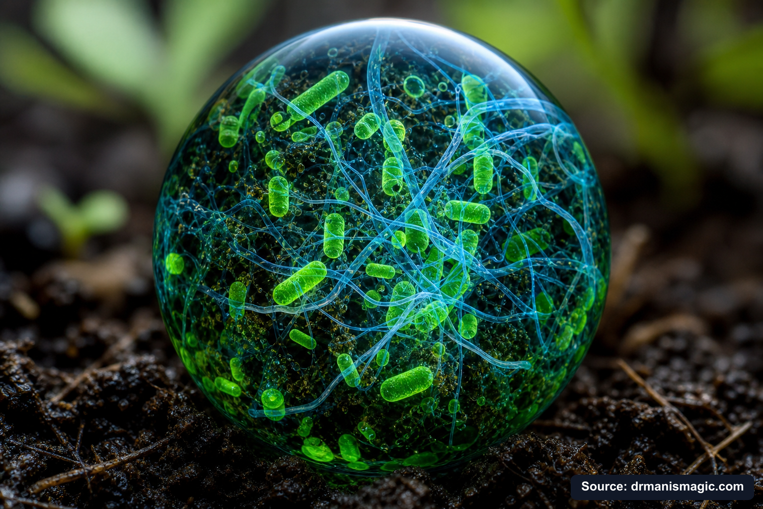 Close-up of live beneficial soil microbes and mycorrhizae fungi