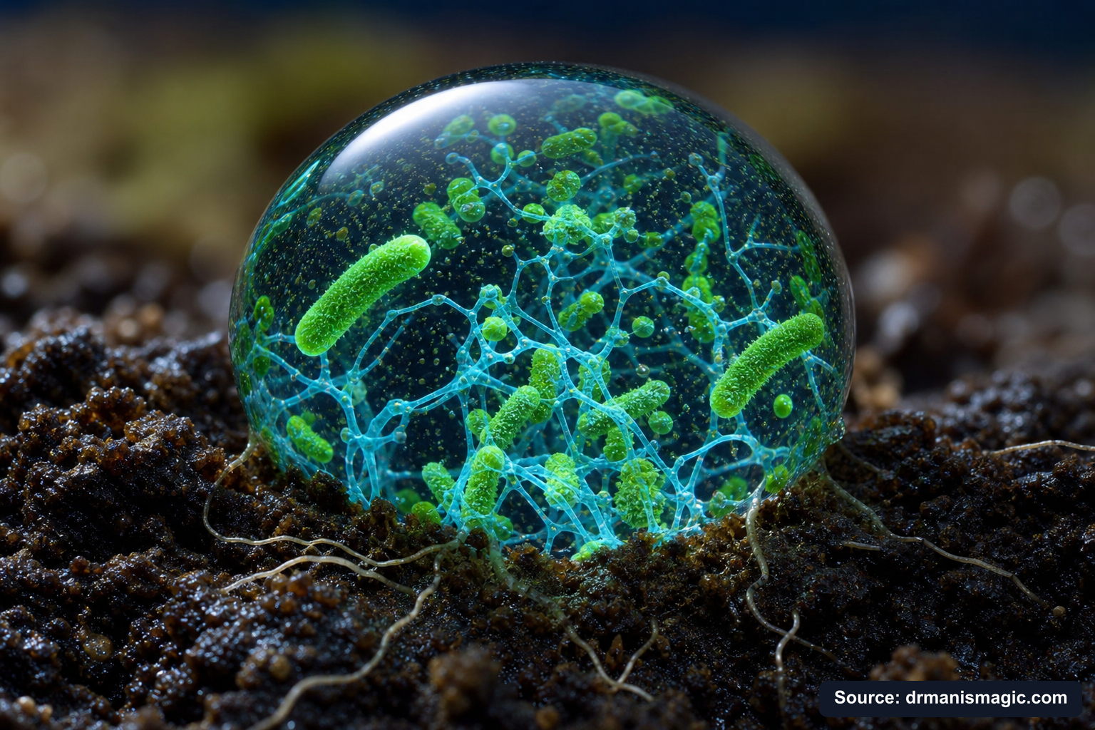 Close-up of live beneficial soil microbes and mycorrhizae fungi