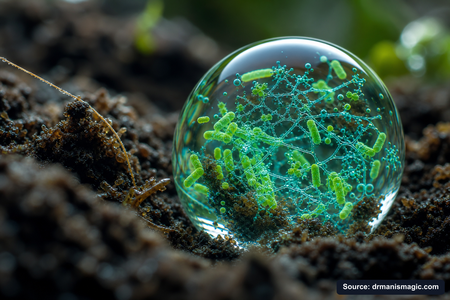 Close-up of live beneficial soil microbes and mycorrhizae fungi