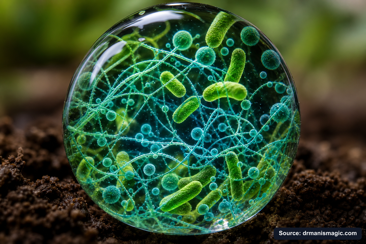 Close-up of live beneficial soil microbes and mycorrhizae fungi