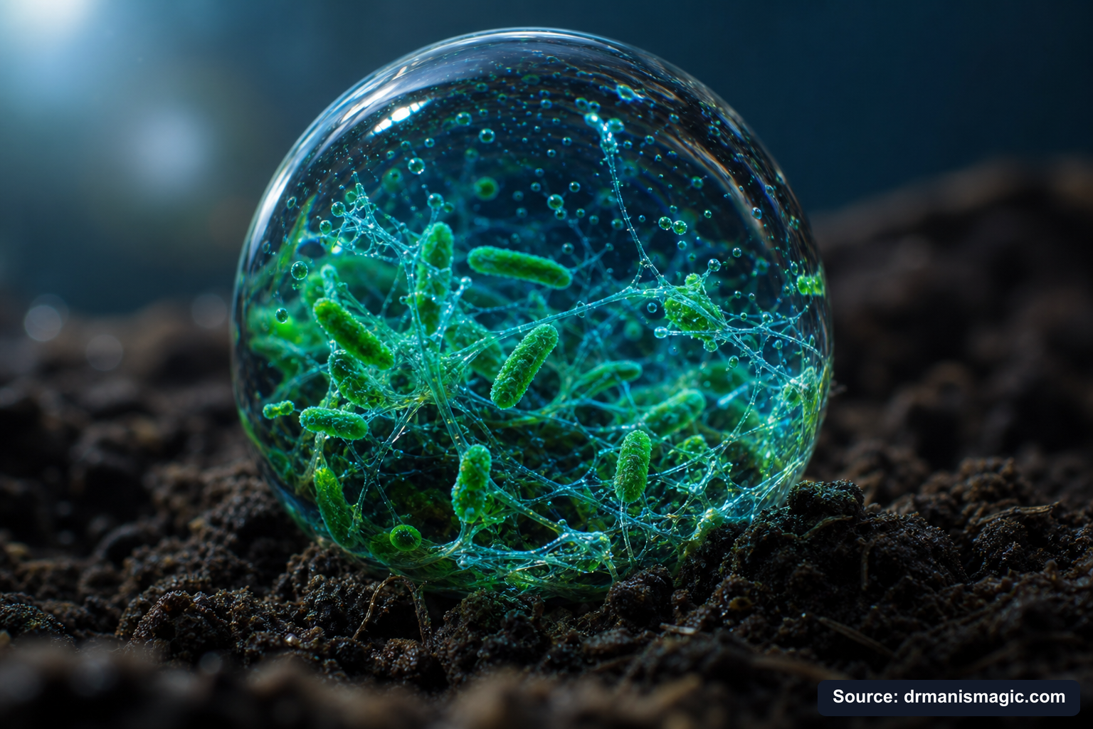 Close-up of live beneficial soil microbes and mycorrhizae fungi