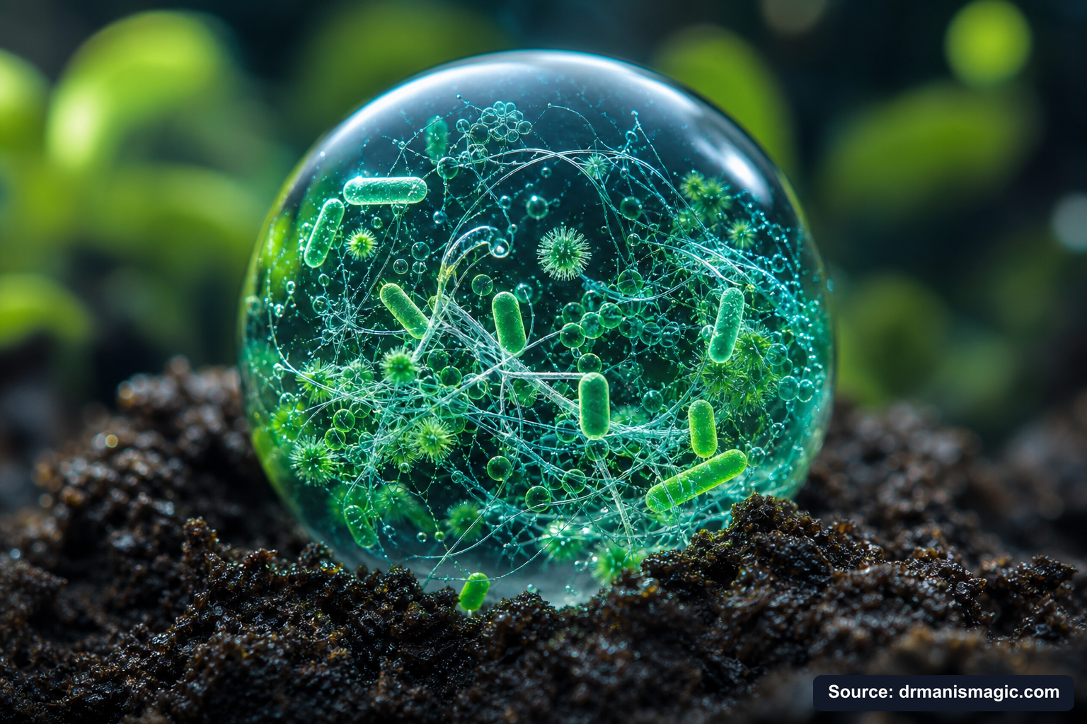 Close-up of live beneficial soil microbes and mycorrhizae fungi